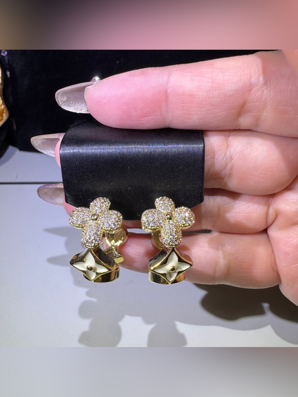 S925 Posts Gold Crystal Flower Reversible Hoop Earrings